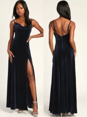 NWT Lulu’s Elegant Luxury Navy Blue Velvet Cowl Neck Maxi Dress Large Romantic